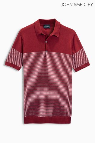 John Smedley Red Striped Merino Knitted Polo